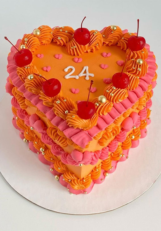 40 Delightful Lambeth Birthday Cake Ideas : Heart Shape Orange & Pink Cake for 24th
