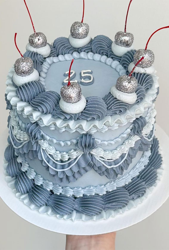 40 Delightful Lambeth Birthday Cake Ideas : Blue Grey & Glittery Silver Cherries