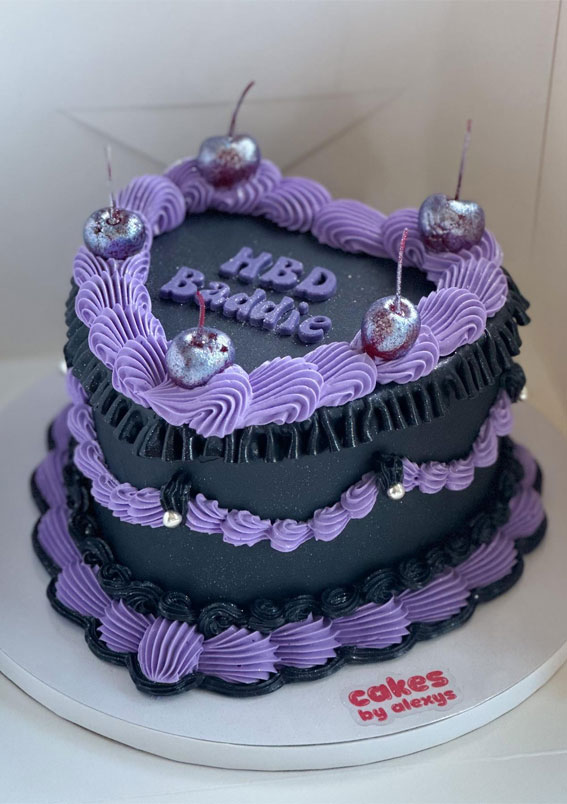 40 Delightful Lambeth Birthday Cake Ideas : Black & Purple Heart Shape Cake
