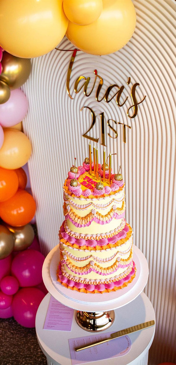 40 Delightful Lambeth Birthday Cake Ideas : Ombre Yellow & Pink Cake for 21st Birthday