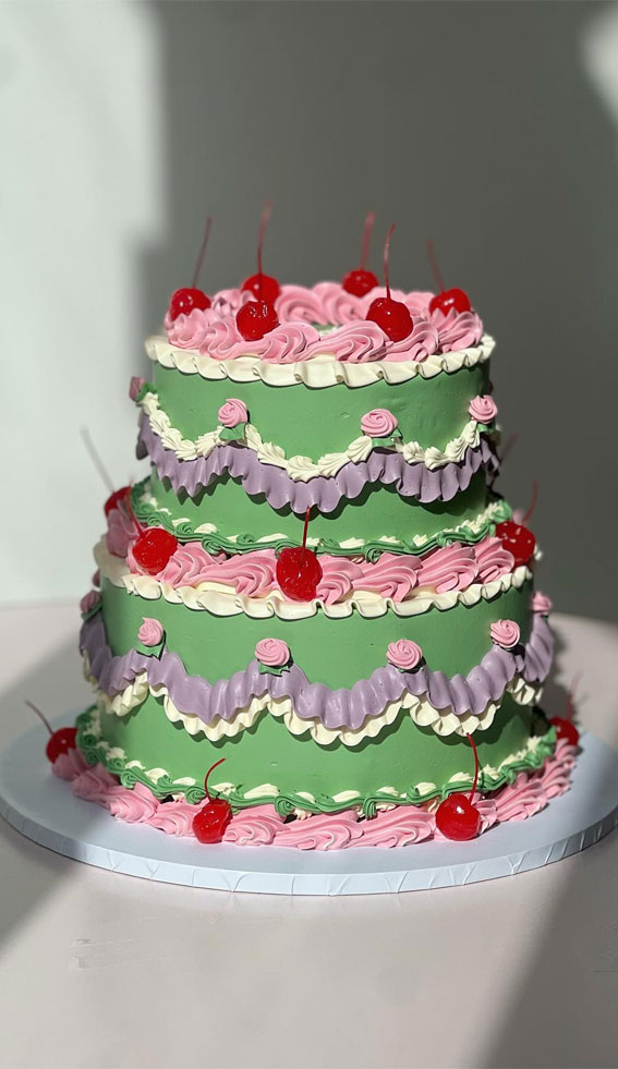 40 Delightful Lambeth Birthday Cake Ideas : Green & Pink Two Tiers