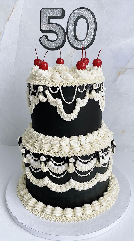40 Delightful Lambeth Birthday Cake Ideas : Black & White Two Tiers for 50th Birthday