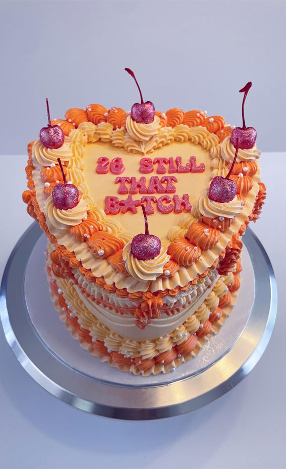 40 Delightful Lambeth Birthday Cake Ideas : Orange & Yellow Heart Shape Cake