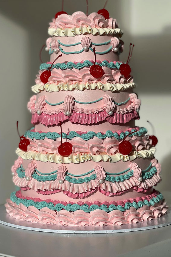 50 Cute Vintage Style Cake Delight Ideas : Aqua & Pink Wedding Cake