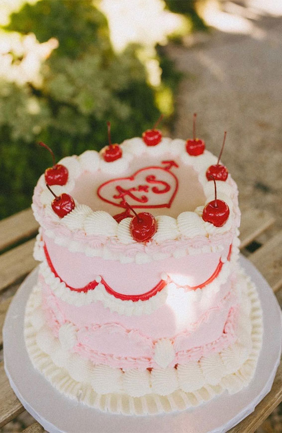50 Cute Vintage Style Cake Delight Ideas : Baby Pink + Red Wedding Cake
