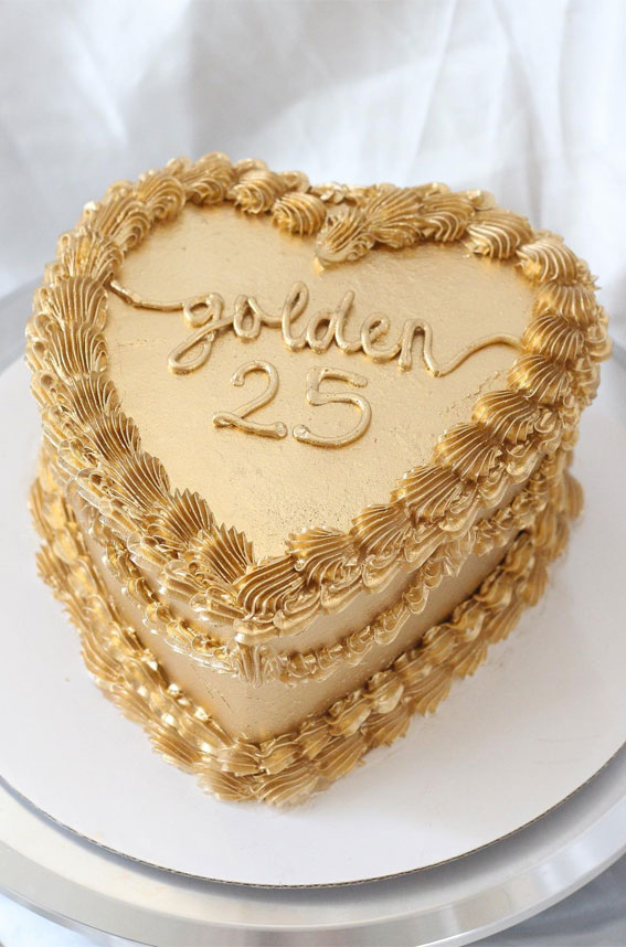 40 Delightful Lambeth Birthday Cake Ideas : Gold Heart Shape Cake