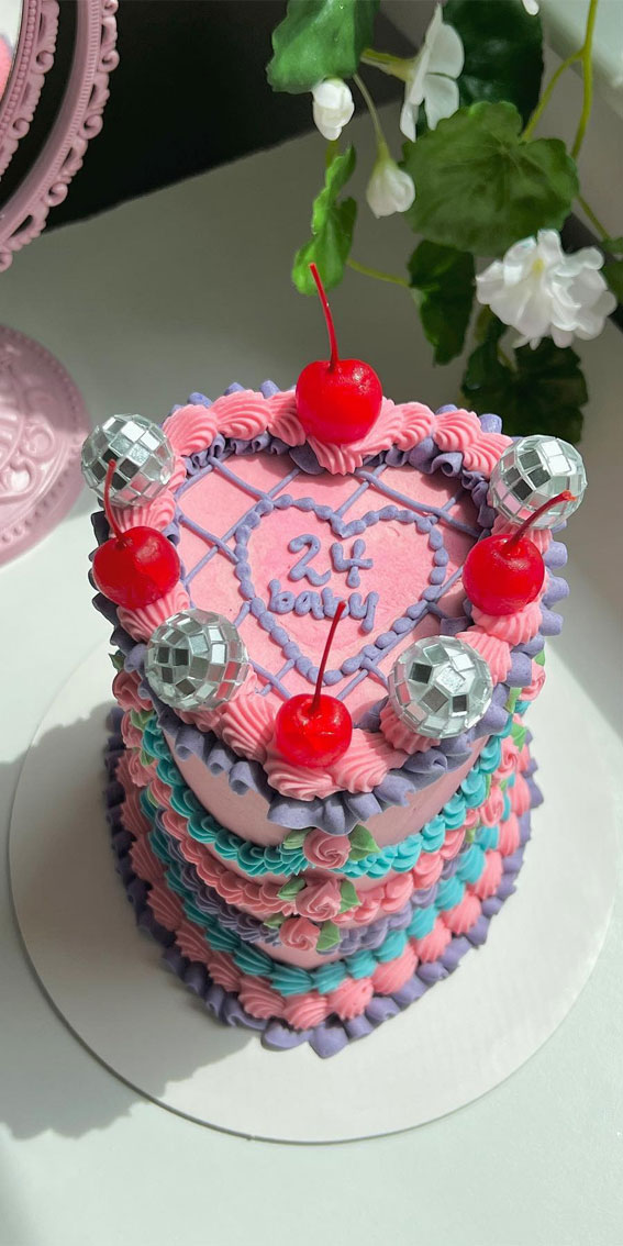 40 Delightful Lambeth Birthday Cake Ideas : Disco Balls + Cherries + Heart Cake for 24th