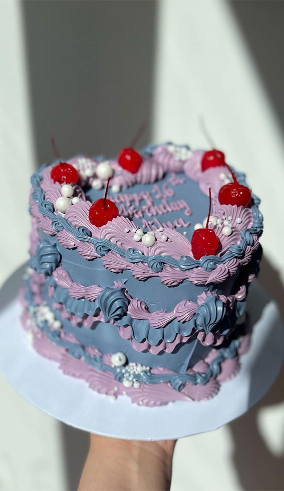 40 Delightful Lambeth Birthday Cake Ideas : Red Cherries + Dusty Blue +  Scattered Pearls