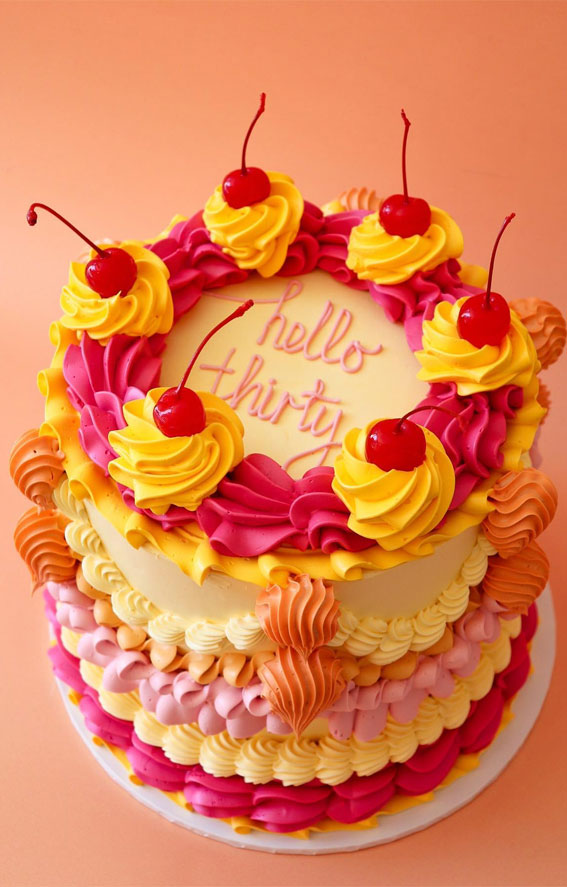 40 Delightful Lambeth Birthday Cake Ideas : Pink, Orange & Yellow Cake for 30th