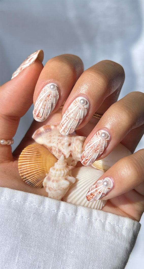 Under the Sea 30+ Seashell Nail Art Ideas : Seashell-Inspired Nails with Pearl Accents