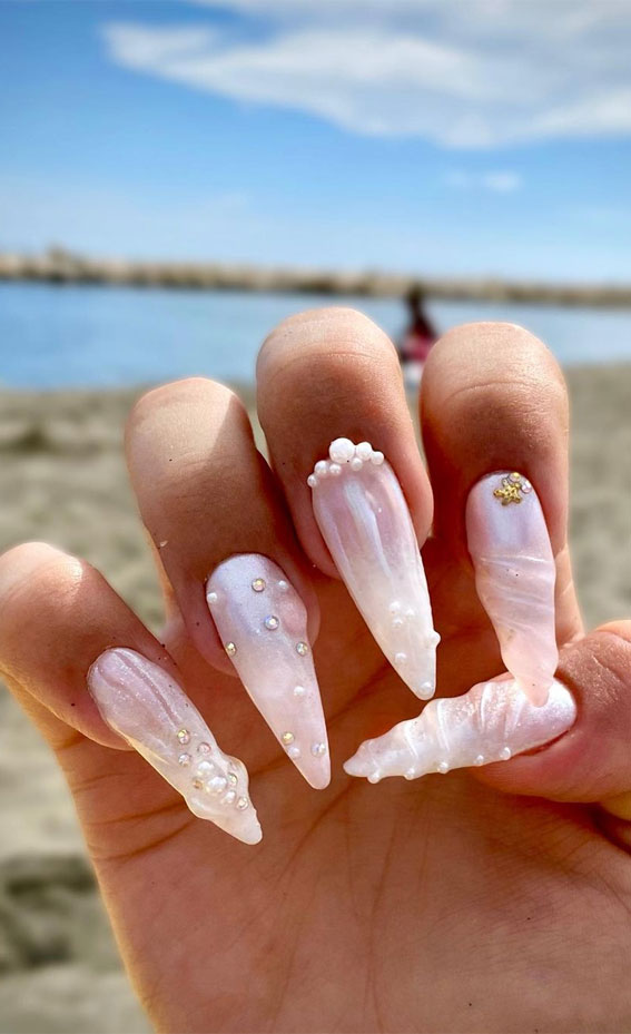 Under the Sea 30+ Seashell Nail Art Ideas : Pearly Chrome Seashell Nails