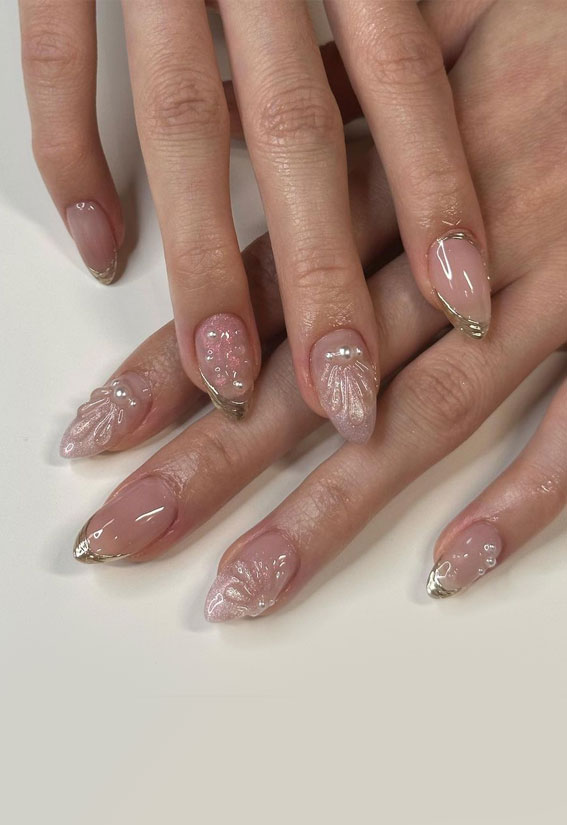 Under the Sea 30+ Seashell Nail Art Ideas : Pink version of mermaid gel nails