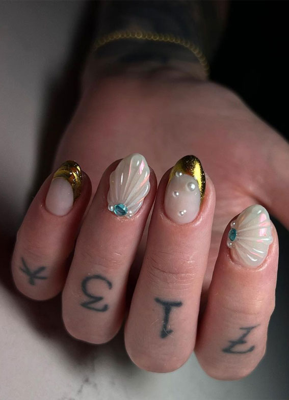 Under the Sea 30+ Seashell Nail Art Ideas : Mermaid & Gold Chrome Tip Nails