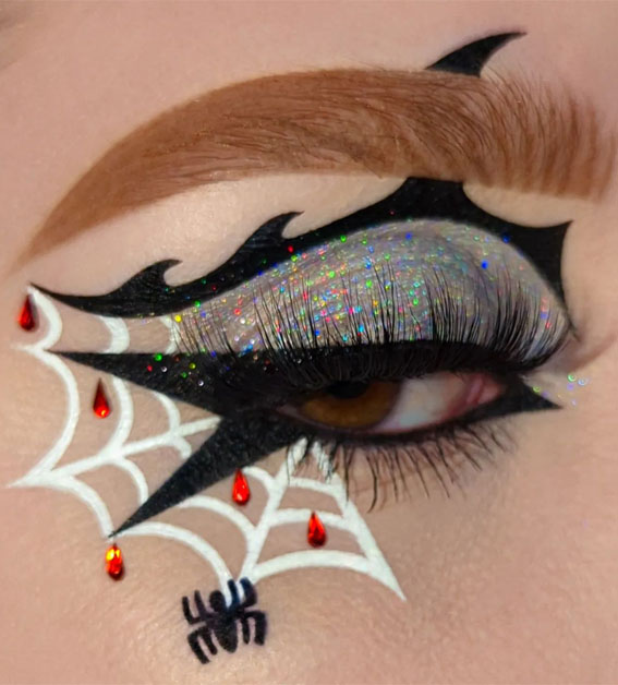 Creative Halloween Makeup Looks : White Spider Web + Spider + Blood Drips
