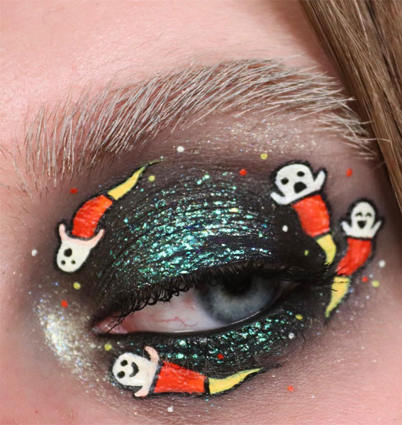 Creative Halloween Makeup Looks : Candy Corn Ghosties + Shimmery Green Eye Makeup