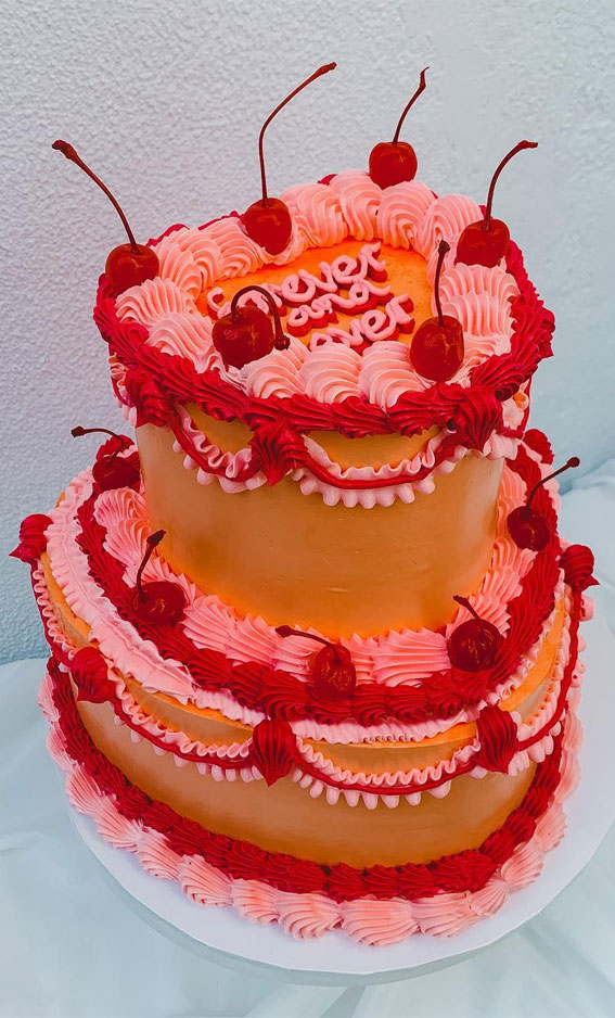 50 Cute Vintage Style Cake Delight Ideas : Orang, Pink & Red Heart Two Tiers