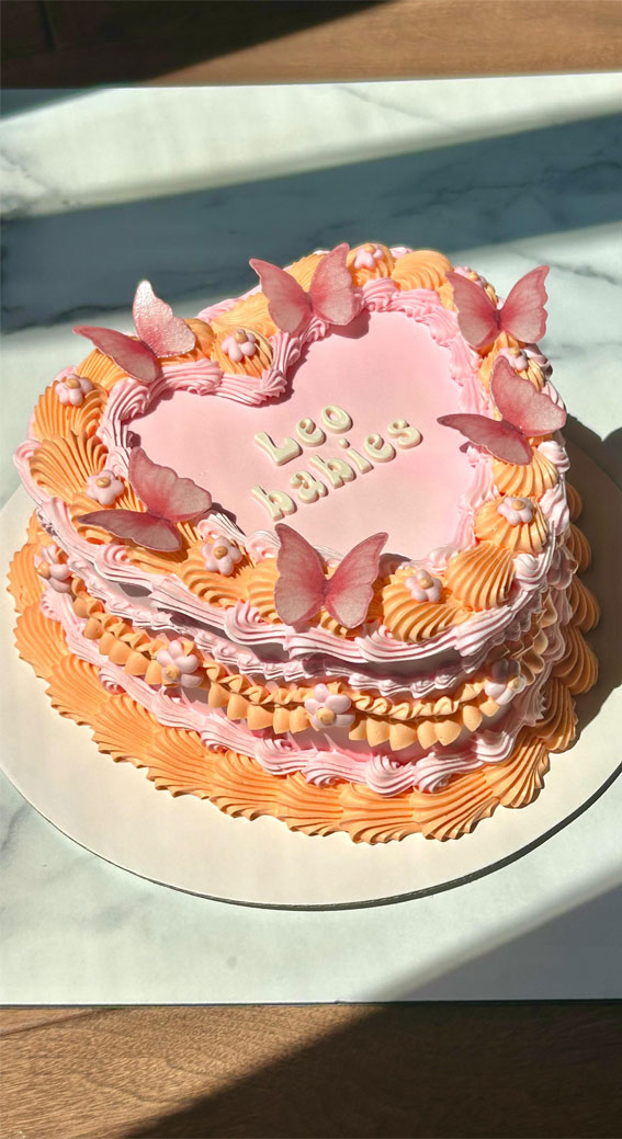 50 Cute Vintage Style Cake Delight Ideas : Pink Peach Heart Cake with Butterflies
