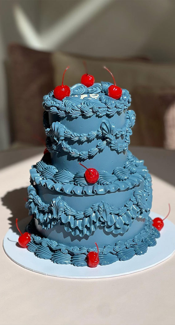 50 Cute Vintage Style Cake Delight Ideas : Red Cherry against Dusty Blue