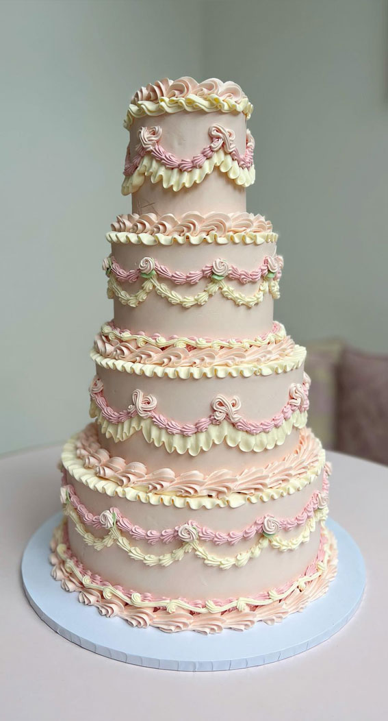 50 Cute Vintage Style Cake Delight Ideas : Soft Neutral Four-Tiered Wedding Cake