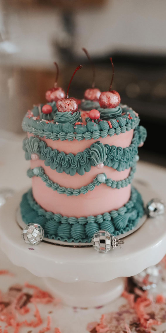 50 Cute Vintage Style Cake Delight Ideas : Green & Pink Cake with Disco Vibe