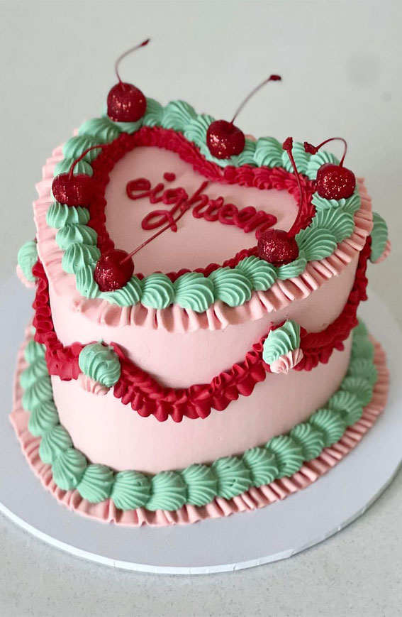 50 Cute Vintage Style Cake Delight Ideas : Mint & Pink Retro Heart Cake