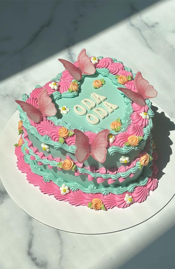 50 Cute Vintage Style Cake Delight Ideas : Green & Pink Cake with Butterflies