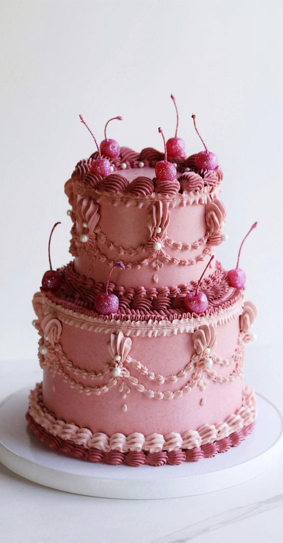 50 Cute Vintage Style Cake Delight Ideas : Rustic Charm Two-Tiered Pink Cake