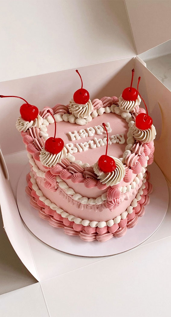50 Cute Vintage Style Cake Delight Ideas : Pink Heart Cake with Pretty Frills