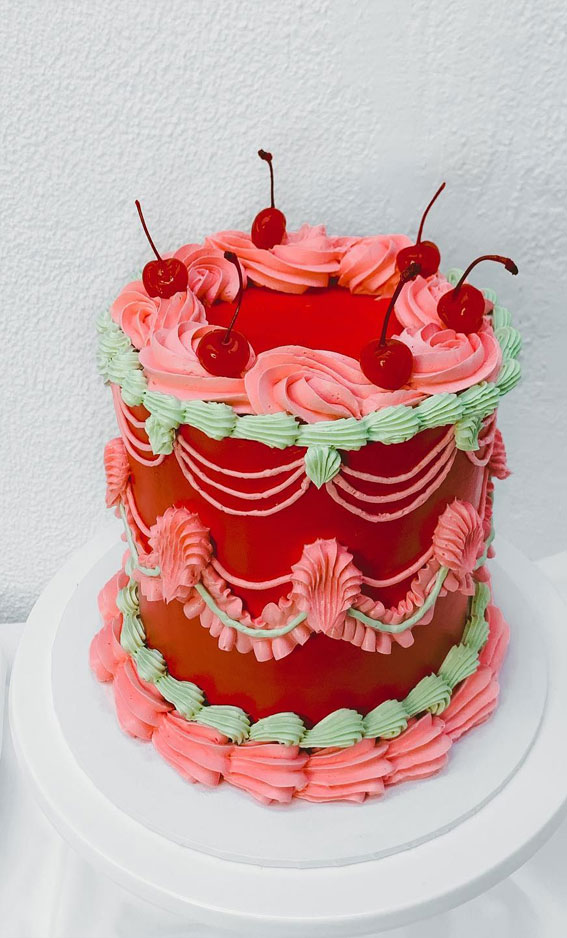 50 Cute Vintage Style Cake Delight Ideas : Mint, Pink & Red Cake