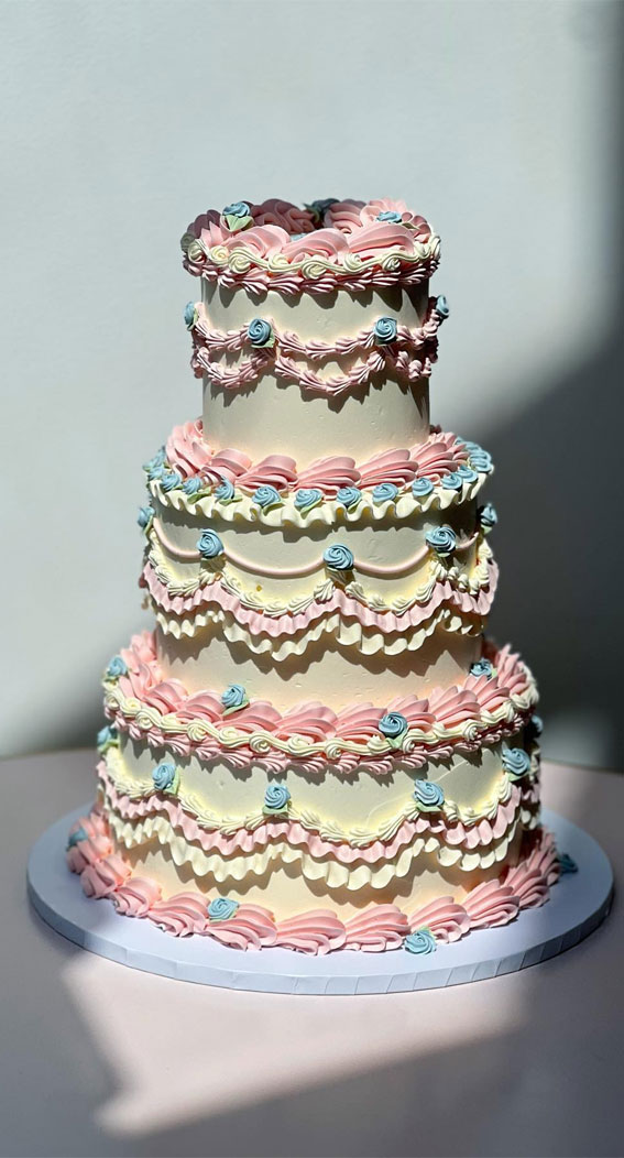 50 Cute Vintage Style Cake Delight Ideas : Vanilla, Blue & Pink Wedding Cake