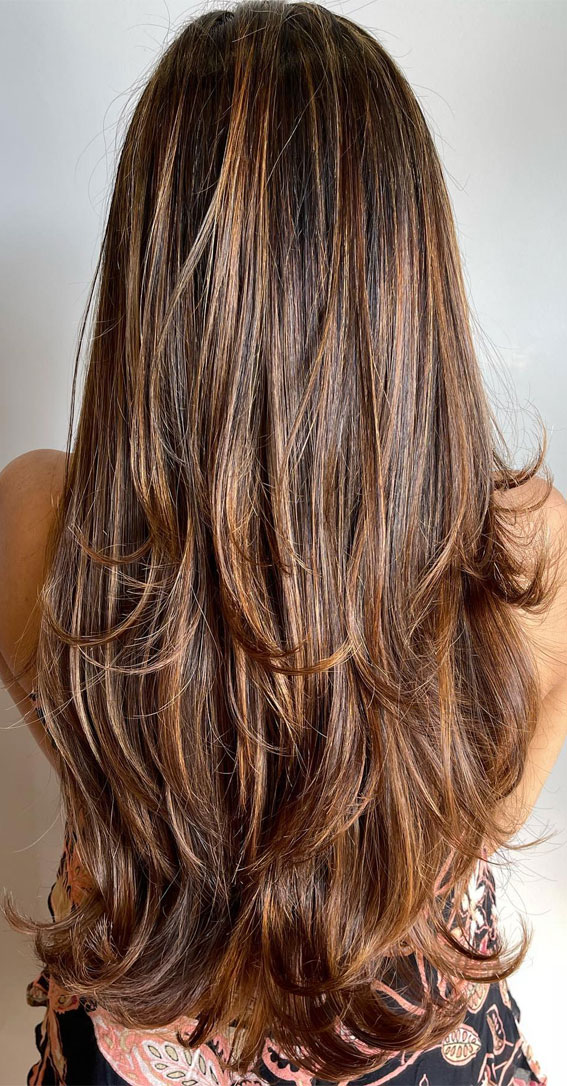 50 Fall Hair Colour Ideas for a Cozy Season : Honey Chestnut Long Layers