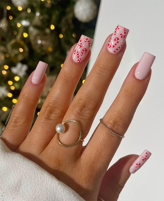 Winter Wonders 49 Festive Christmas Nail Art Designs : Candy Cane Light Pink Nails