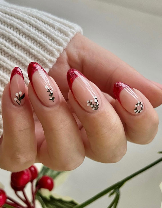Winter Wonders 49 Festive Christmas Nail Art Designs : Mistletoe + Red French Tip Nails