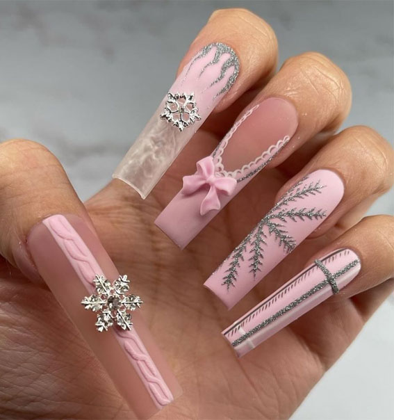 Winter Wonders 49 Festive Christmas Nail Art Designs : Glam Pink Acrylic Nails with Silver Details