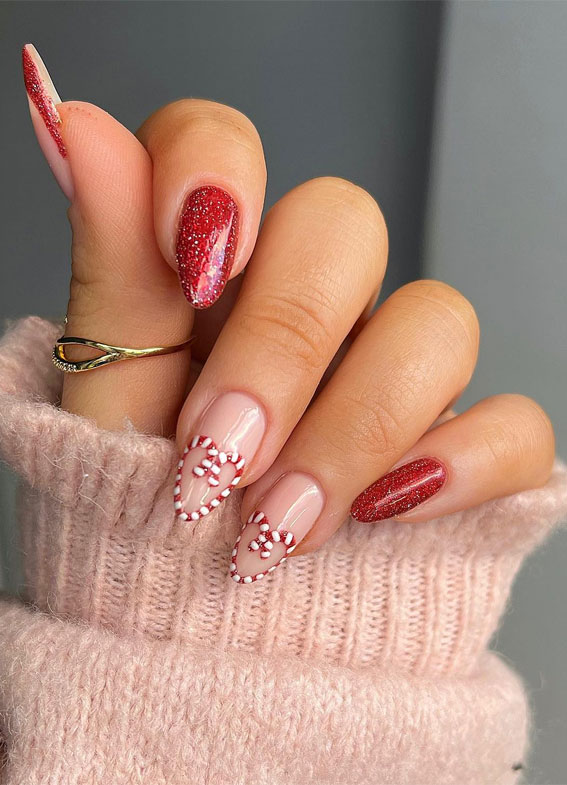 Festive Fingertips 52 Enchanting Christmas Nail Ideas : Candy Cane Heart Tip Nails