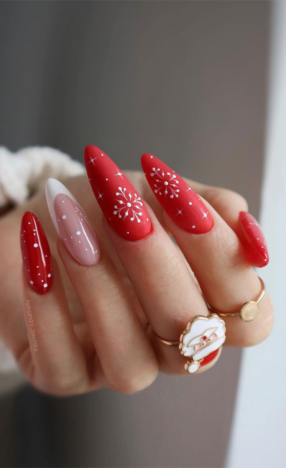Festive Fingertips 52 Enchanting Christmas Nail Ideas : Red Almond Nails with Snowflake
