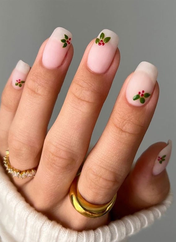 Festive Fingertips 52 Enchanting Christmas Nail Ideas : Natural Nails with Holly Accent