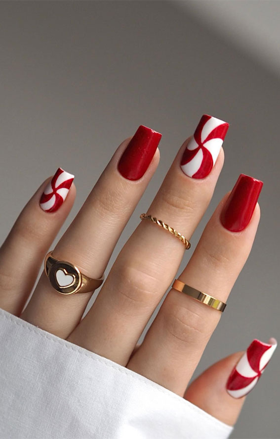 Festive Fingertips 52 Enchanting Christmas Nail Ideas : Red Peppermint Nails