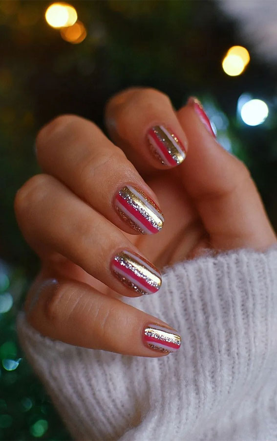 Festive Fingertips 52 Enchanting Christmas Nail Ideas : Glitter & Red Stripped Nails