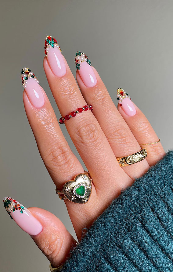 Festive Fingertips 52 Enchanting Christmas Nail Ideas : Jewel Accented French Tip Nails