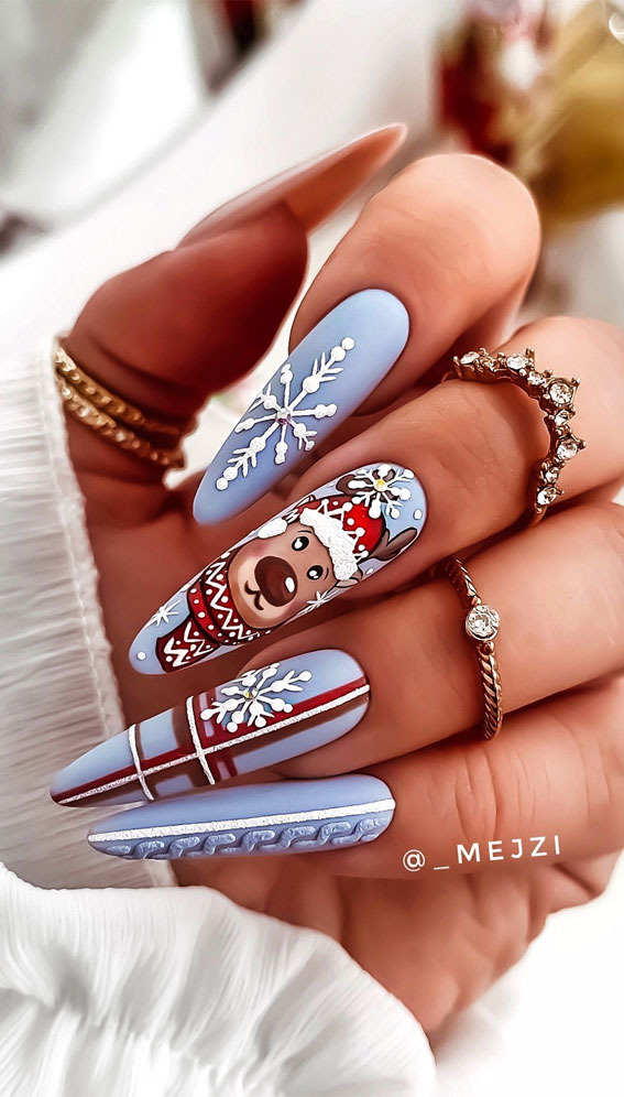 Festive Fingertips 52 Enchanting Christmas Nail Ideas : Sweater & Reindeer Blue Nails