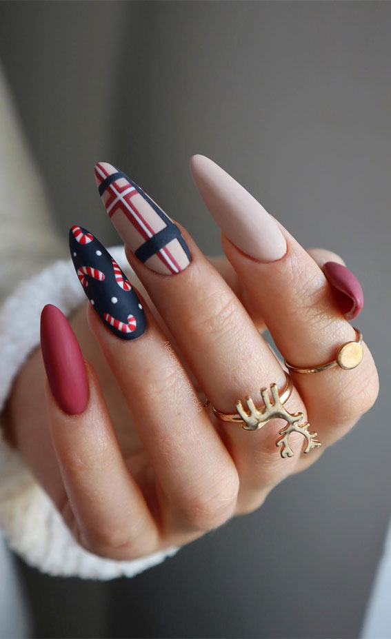 Festive Fingertips 52 Enchanting Christmas Nail Ideas : Blue & Red Plaid + Candy Cane Nails