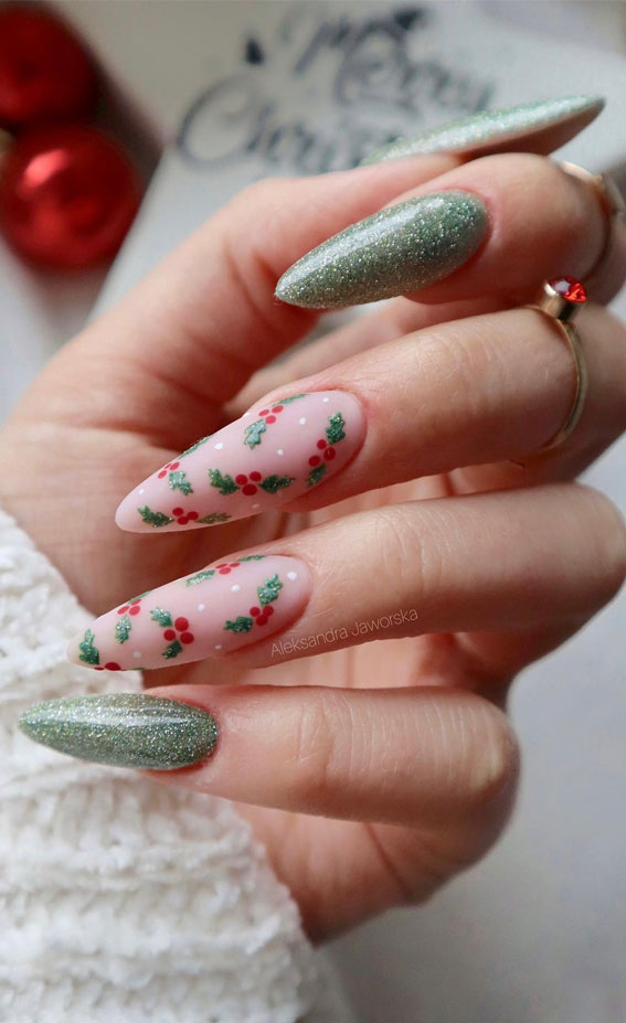 Festive Fingertips 52 Enchanting Christmas Nail Ideas : Reflective Green + Holly Almond Nails