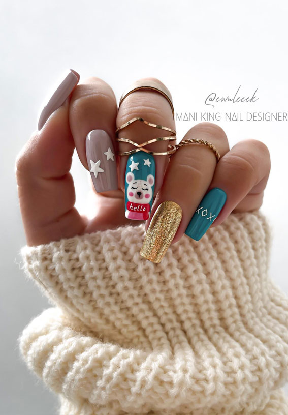Festive Fingertips 52 Enchanting Christmas Nail Ideas : Polar Bear, Gold & Teal Nails