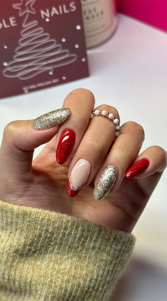 Festive Fingertips 52 Enchanting Christmas Nail Ideas : Mix Glitter & Red Nails