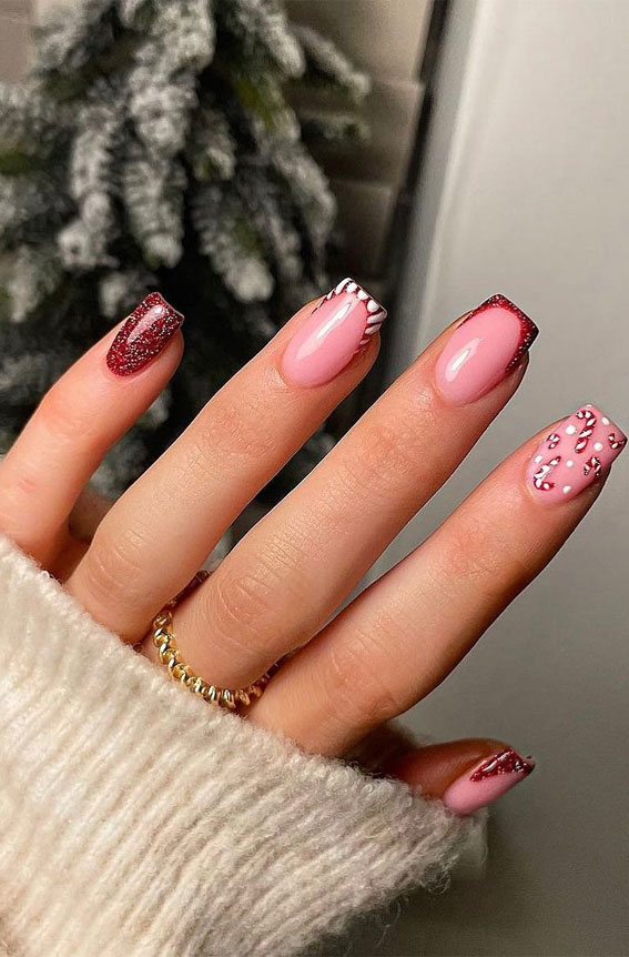Festive Fingertips 52 Enchanting Christmas Nail Ideas : Candy Cane & French Tips