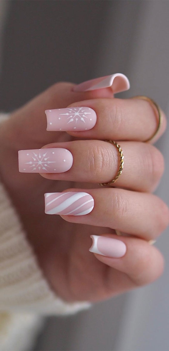 Festive Fingertips 52 Enchanting Christmas Nail Ideas : Blush Pink Candy Cane Matte Nails