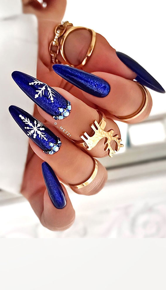 Festive Fingertips 52 Enchanting Christmas Nail Ideas : Cobalt Blue & Snowflake Nails