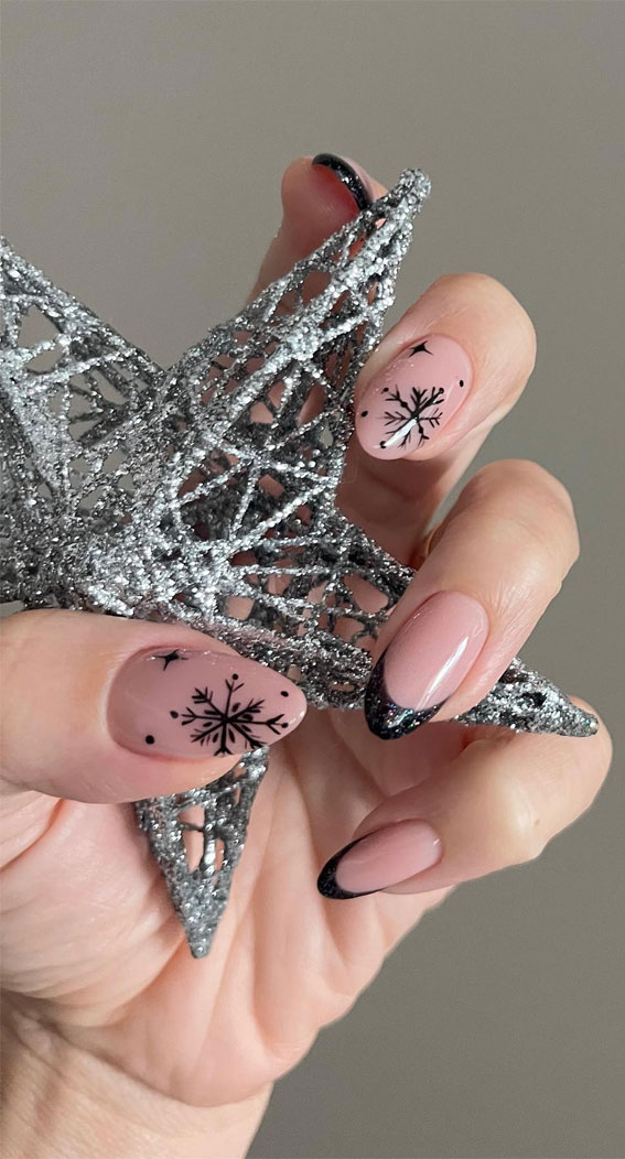 Festive Fingertips 52 Enchanting Christmas Nail Ideas : Black French Tips + Black Snowflake