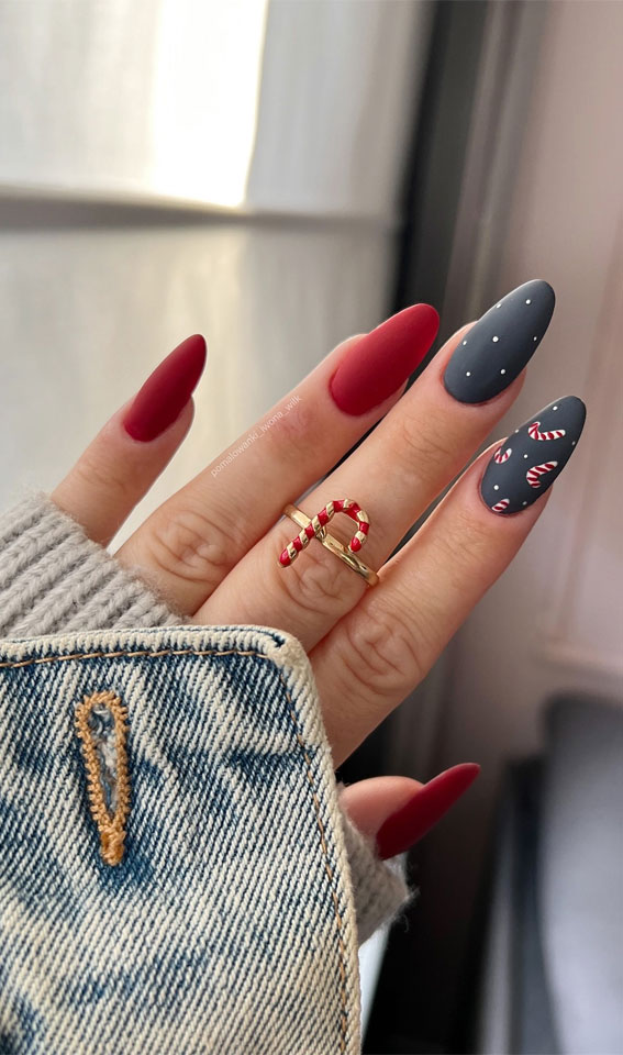 Winter Wonders 49 Festive Christmas Nail Art Designs : Matte Dark Blue & Red Nails